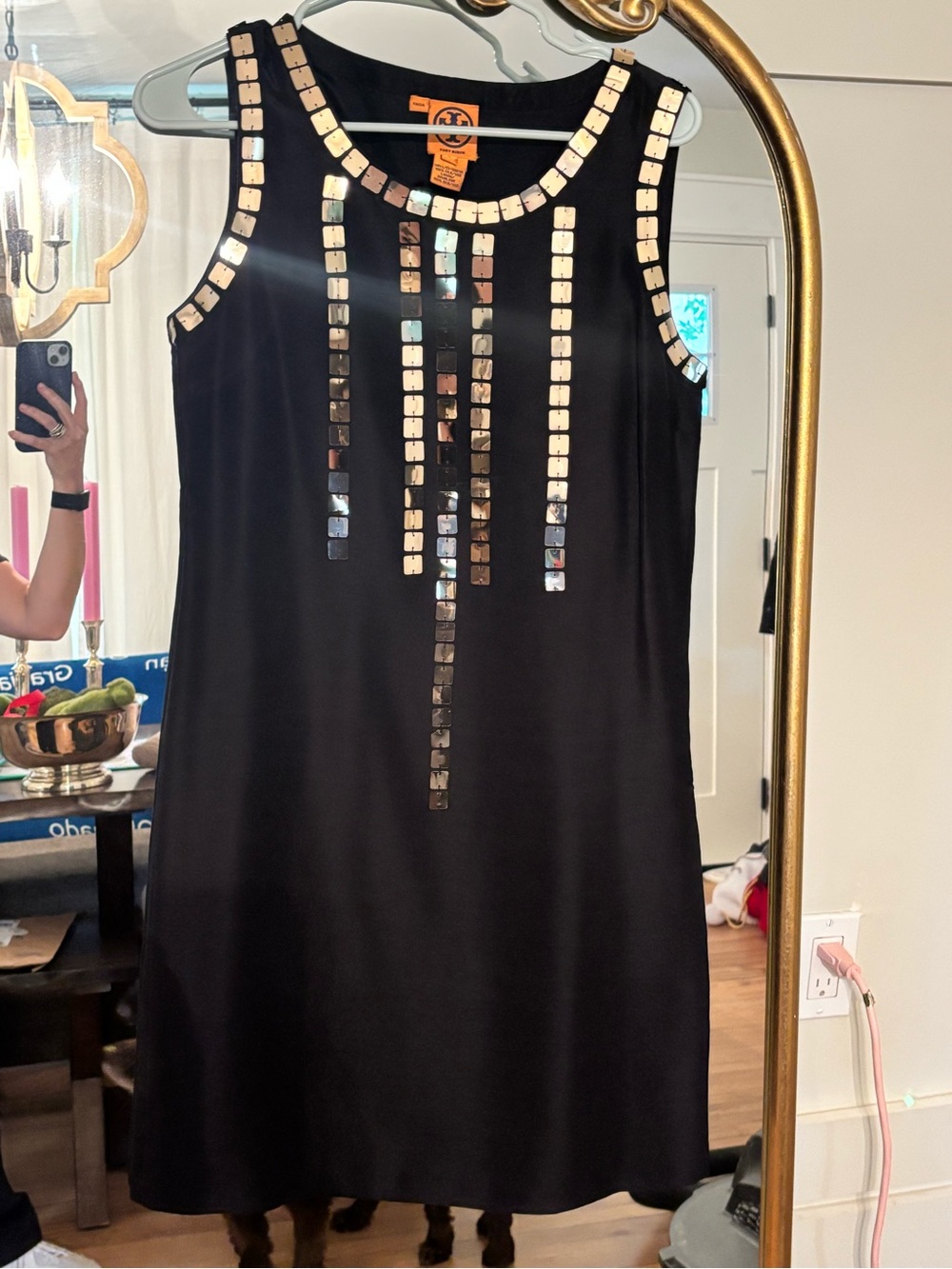 Tory Burch Black Tank Dress with Metallic Square Embellishments
